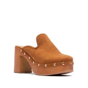 WOMENS STUDDED FAUX WOOD CLOG MULES   Camel  Size 10